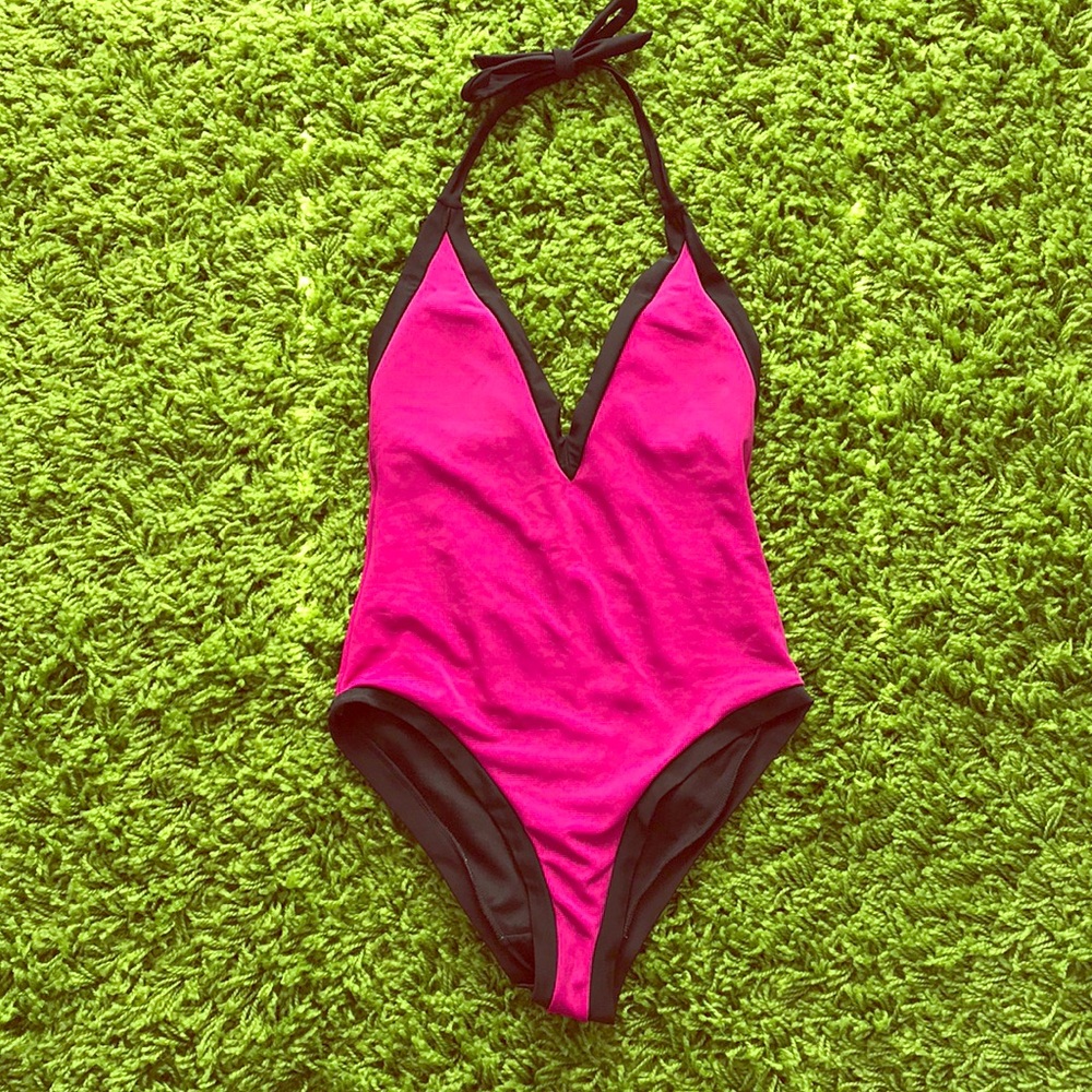 Black Pink Plunge V Neck Swimsuit S